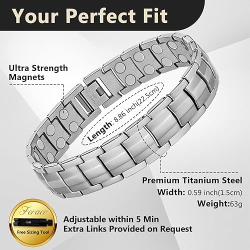 Miniatura 11 de Feraco Pulsera magnética para hombre, acero de titanio, pulsera magnética para hombres con imanes de doble fila ajustable (negro) Negro,Negro