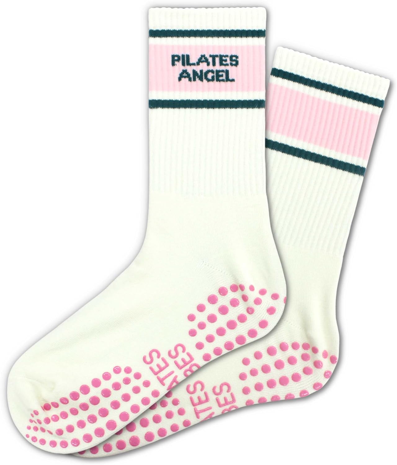 Cute Pilates Grippy Socks, Pink Blue Pilate Gifts for Women, Striped Crew Grip Socks for Studio Pilate.