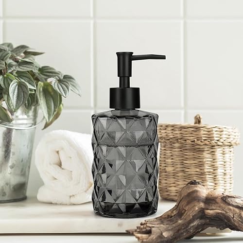 Miniatura 6 de Dispensador de jabón de vidrio de 11 onzas con bomba de plástico, dispensador de jabón de baño negro para lavar a mano y lavar platos, elegante