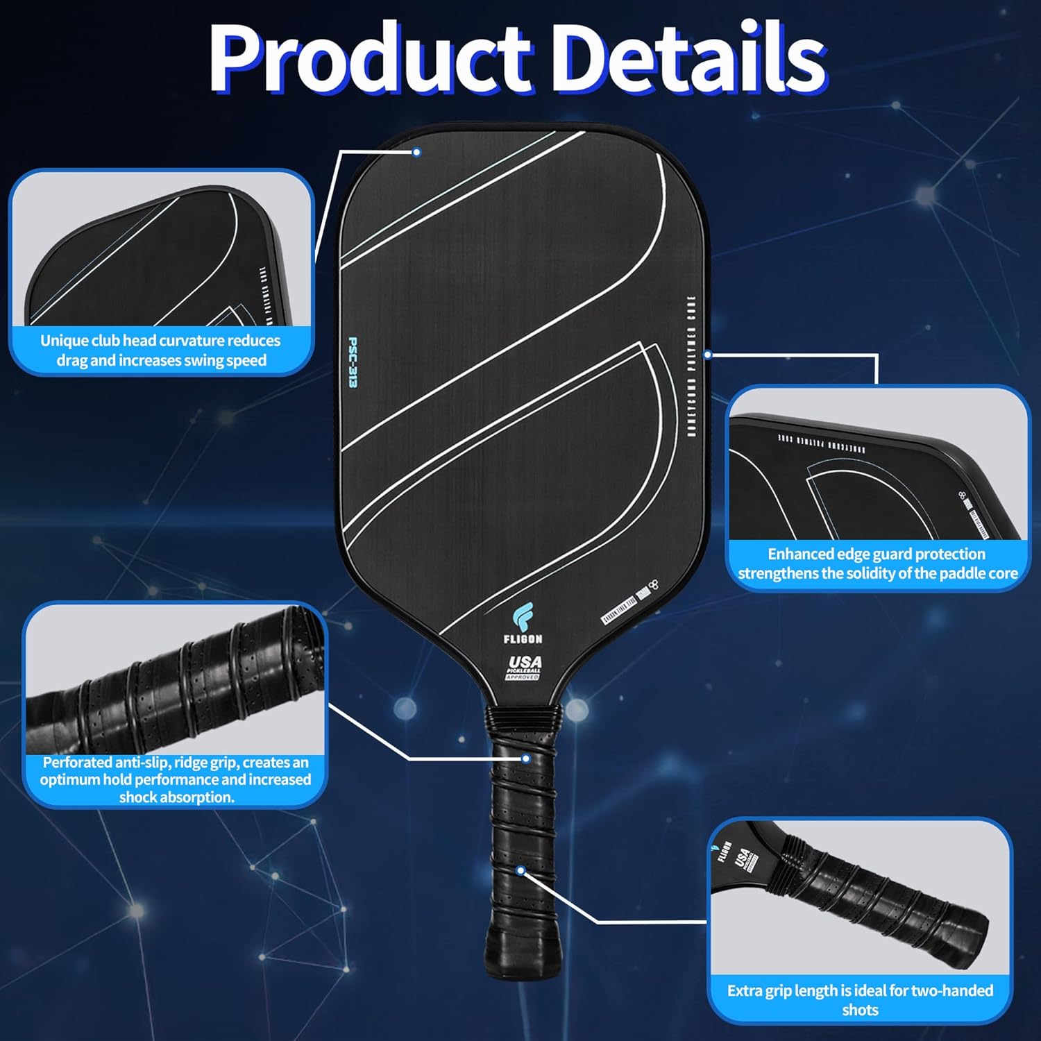 Pickleball Racquet T700 Raw Carbon Fiber Surface (CFS) Thermoformed Pickleball Paddles for high grit and Spin, USAPA approved16mm PP Honeycomb core with Pickleball Racket Cover (Thermoplastic Black)