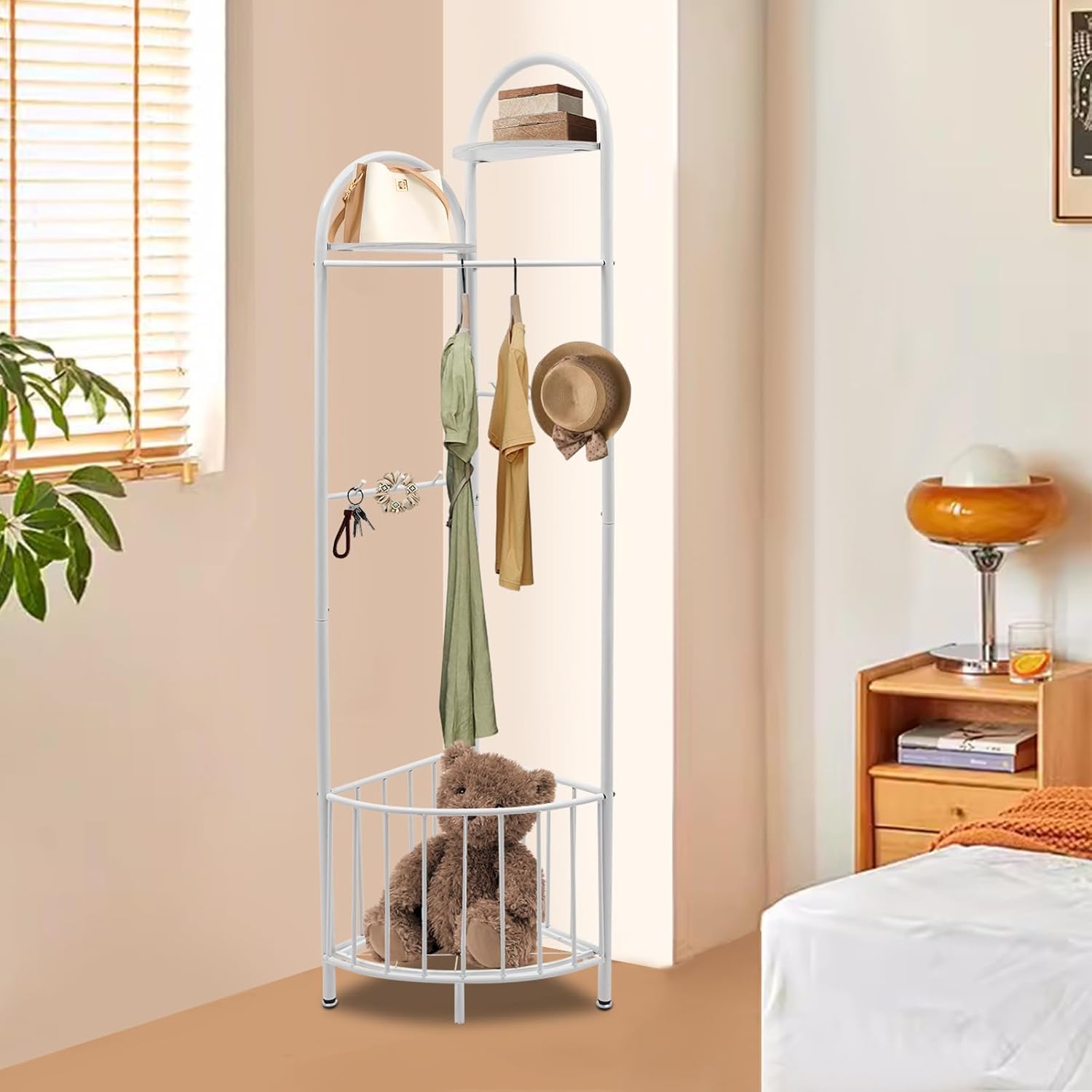 Corner Hall Tree, Corner Coat Rack with Storage Basket, Entryway Clothing Rack for Living Room Bathroom and Clothing Store, 6 Hooks and 2 Partitions, 90-Degree Corner Design (White)