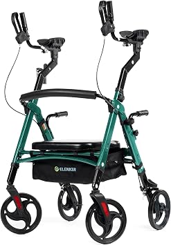 ELENKER Heavy Duty Upright Walker with Extra Wide Padded Seat and Backrest, Aluminum Bariatric Stand Up Rolling Walker, 10 Wheels, Fully Adjustment Frame, Support up to 500 lbs for Seniors, Green