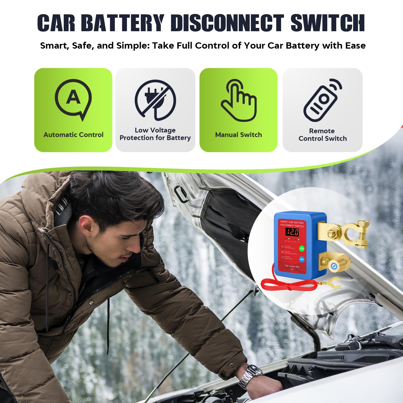 Disjoncteur de batterie télécommandé sans fil, Coupe Circuit Batterie 12v 240 A, avec Led Affichage Coupe Batterie, Interrupteur D'arrêt Automatique pour Voiture, RV, ATV, Camion, Bateau