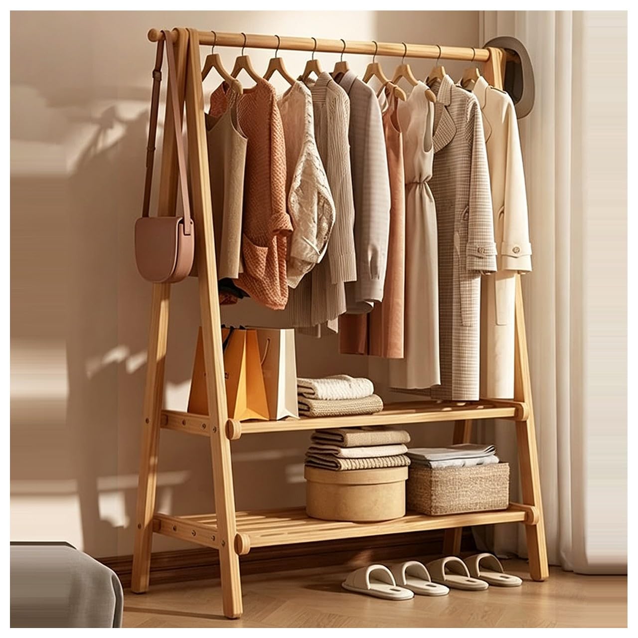 Garderobe Holz, Kleiderständer mit 2 Ablagen und Kleiderstange