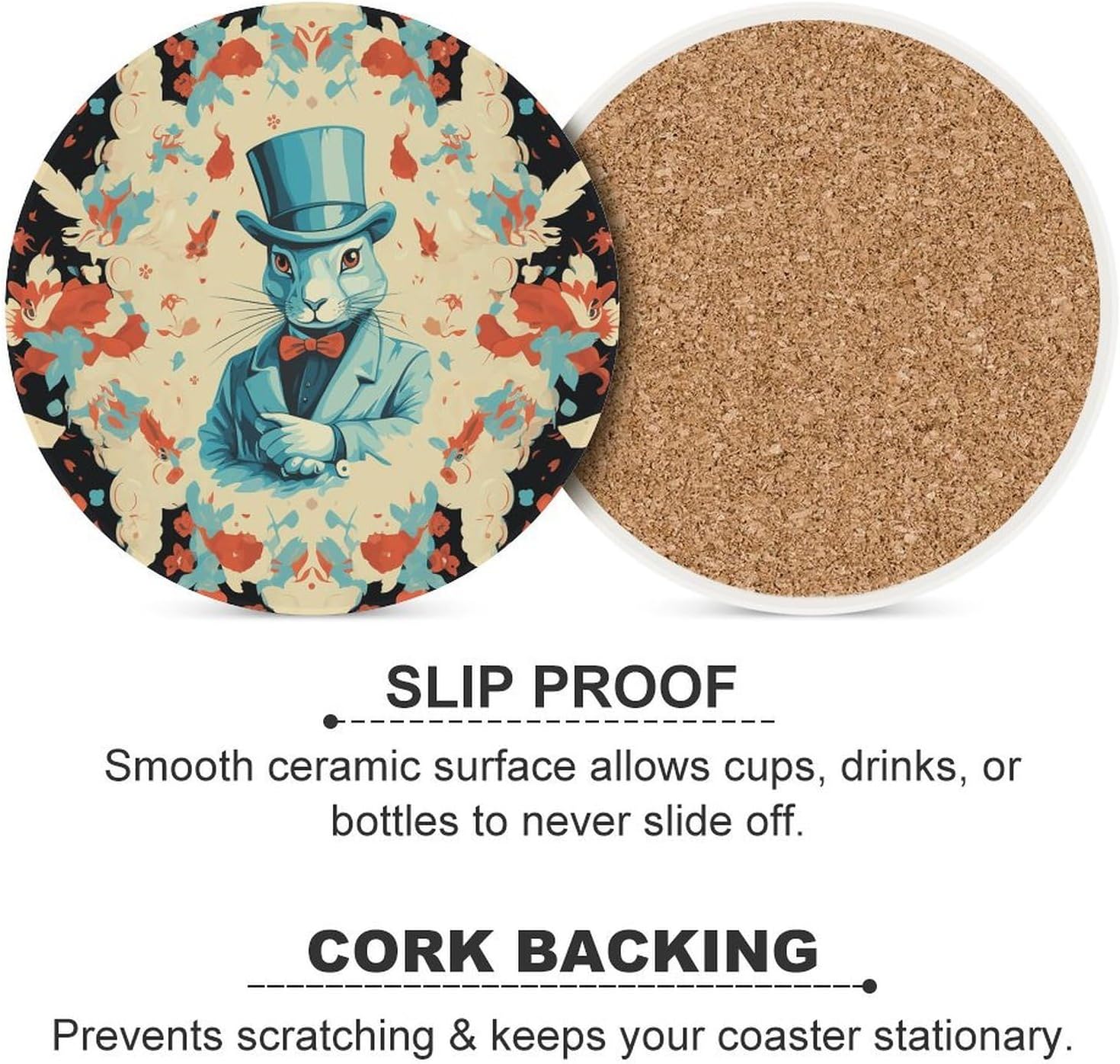 Magician Rabbit Coasters for Drinks Absorbing Round Ceramic Stone Coaster with Cork Base Coffee Cup Beverage Table Cup Mat Modern Style Bar Coaster Set for Home Decor