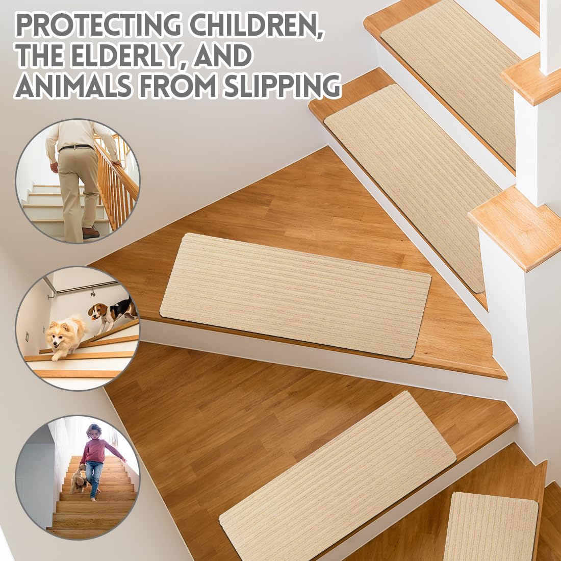 Alfombra para escalones, 15 unidades, autoadhesiva, para interior, lavable a máquina, antideslizante, recortable, reutilizable para proteger mascotas, personas mayores y niños (beige)