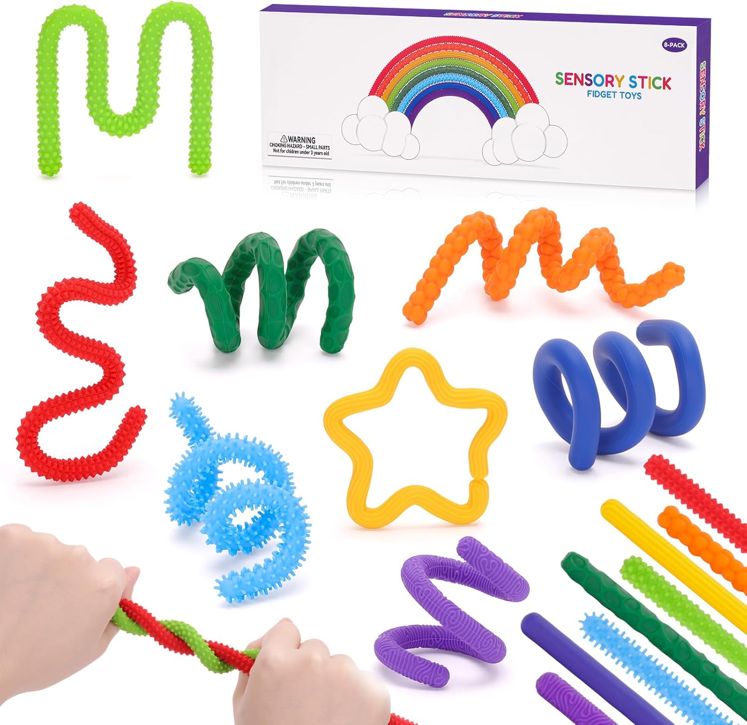 FunisFun Sensory Sticks Fidget Toys for Adults Stress Relief, 8 Pack Silicone Twisting Quiet Sensory Toys for Kids Autism ADHD Calm Down Corner Supplies (Multicolor-1)