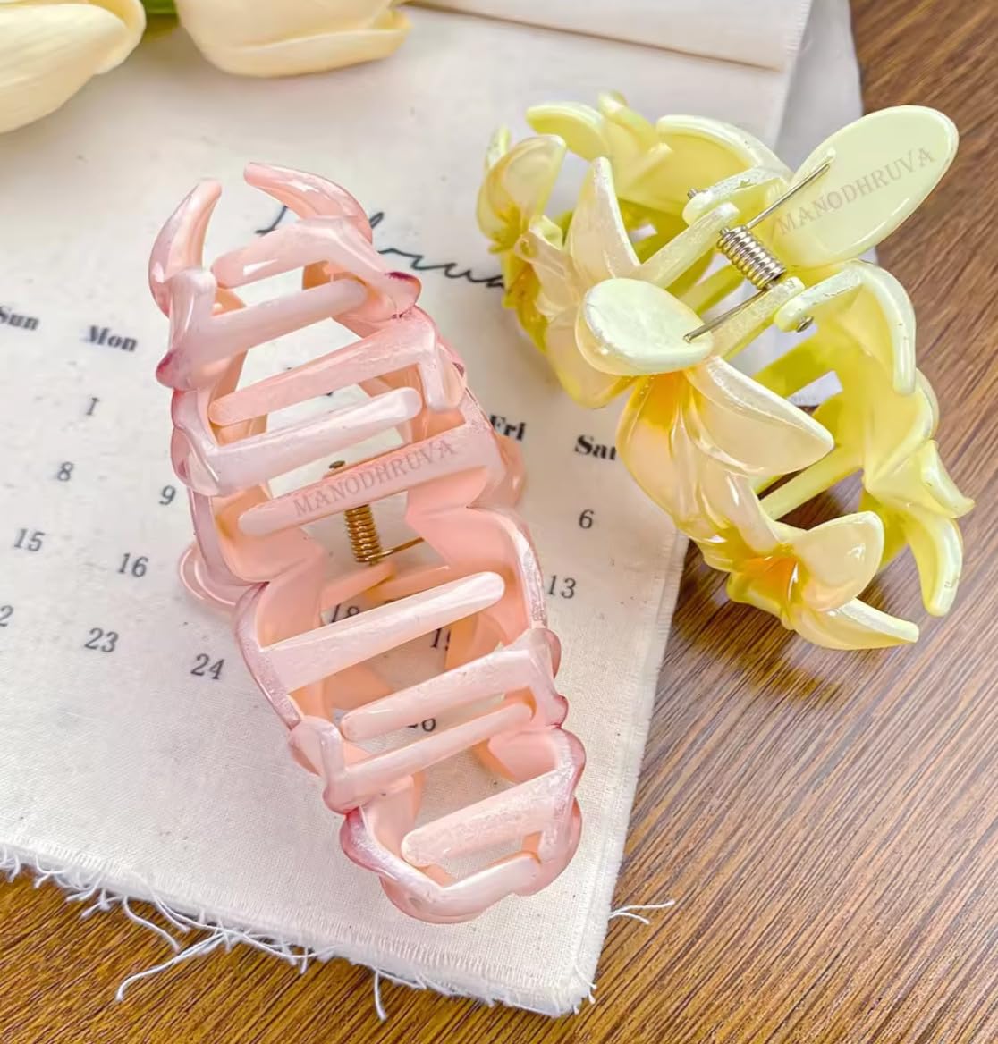 2 x Triple Hibiscus Flower Hair Clips for Women Multi-Coloured