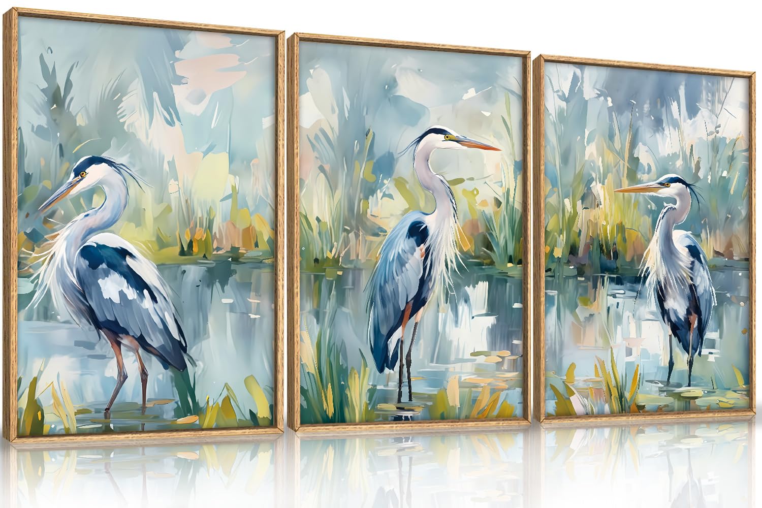 HLNIUC Great Blue Heron Wall Art Set of 3, Watercolor Coastal Bird Wall Decor(24x36), Wildlife Animal Illustrations Canvas Painting, Modern Boho Nature Avian Art Prints for Living Room,Bedroom, Office