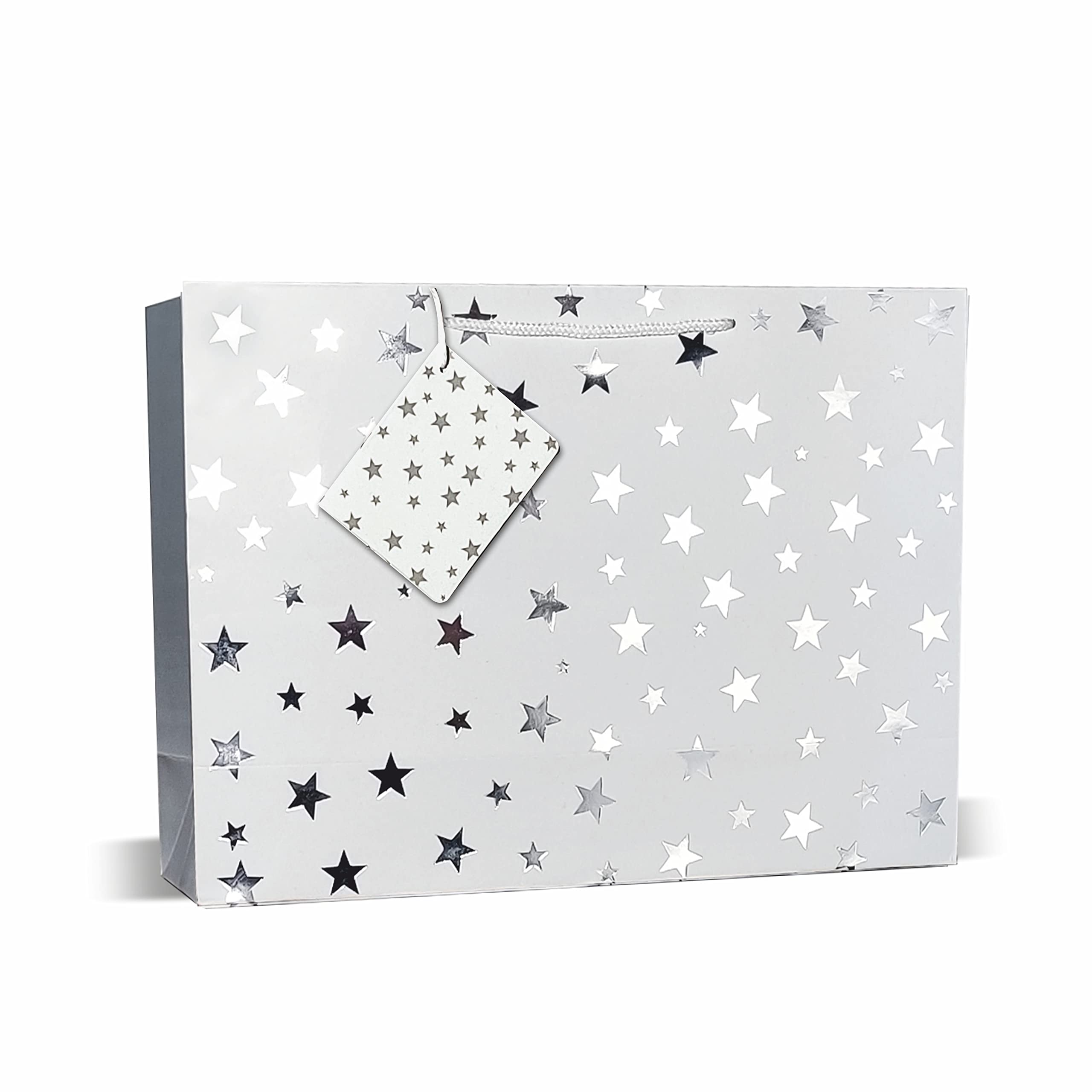 VESTTA -ELEGANCE REDEFINED Gift Bag Large, Silver Stars Foil Stamping, 14 (L) x 4.5 (B) x10 (H) Inches, Pack of 10, Weddings, Christmas, Diwali, Birthdays with Gift Tags (Silver)-image-17