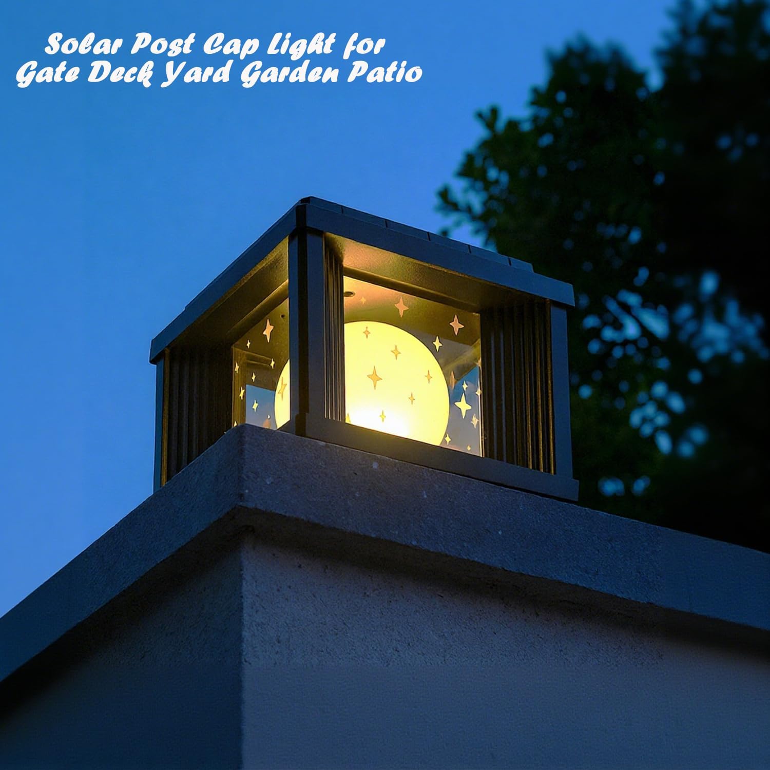 Solar Post Light, 7.87" Modern Outdoor Post Light, Solar Lamp Post Light Outdoor Waterproof with Star Pattern Shade, Dimmable LED Deck Pillar Lighting for Gate Deck Yard Garden Patio