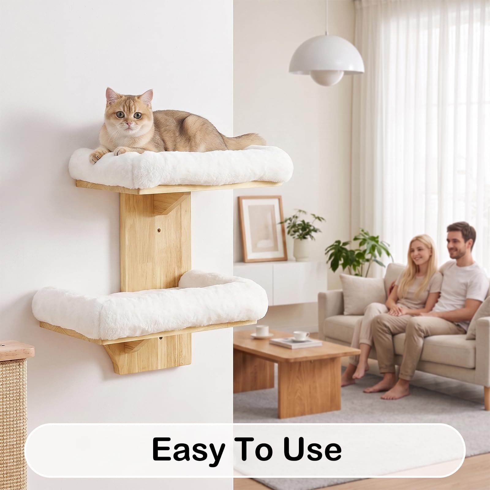Kletterwand Katze, Doppellagig Plattform-Katzen-Wandmöbel aus Massives Gummiholz, Kleiner Katzenbaum, 40,6 cm Wandmontiertes Katzen mit Plüschbett, Wandregale zum Klettern, Spielen (Plüsch)