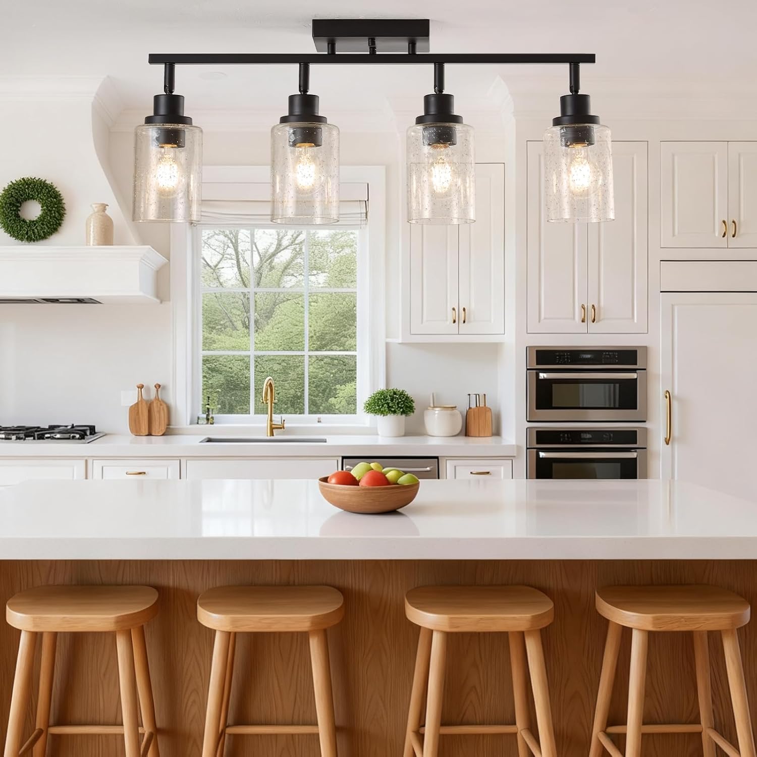 LOUSACE Flexible Track Lighting Kit, Black 4-Light Flush Mount Ceiling Spotlights with Seeded Glass, Bathroom Vanity Lighting Modern Track Light Fixtures Ceiling for Kitchen