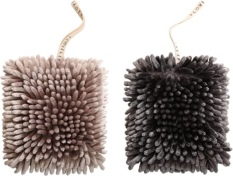 2 Pack Chenille Hanging Hand Towel Balls Super Absorbent Microfiber Hand Towels Chenille Ball Soft Plush Quick-Drying Hand Towels with Hanging Loops for Bathroom Kitchen Brown+Grey