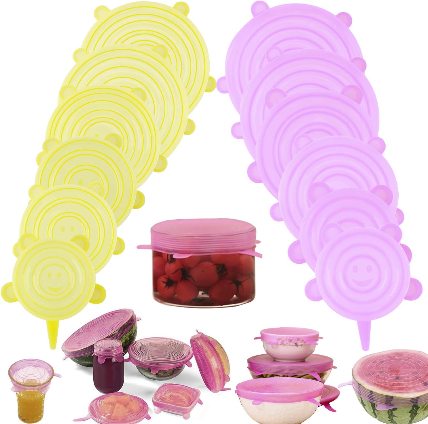 Arfbear Silicone Stretch Lids, 12 Pcs Reusable Food Covers Wraps, Various Sizes of BPA-Free Food Storage Cover for Fruit, Dishes, Bowls, Safe in Dishwasher, Microwave and Freezer (Yellow & Pink)