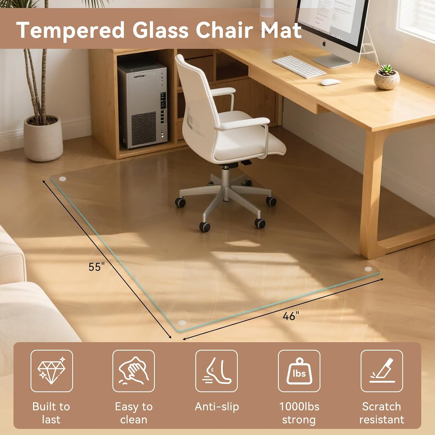46" x 55" Tempered Glass Office Chair Mat for Carpet, Smooth Glide, Easy Roll On/Off, Heavy Duty Desk Chair Mat for Hardwood Floor Protection, Easy to Clean, Scratch-Resistant, Anti-Slip