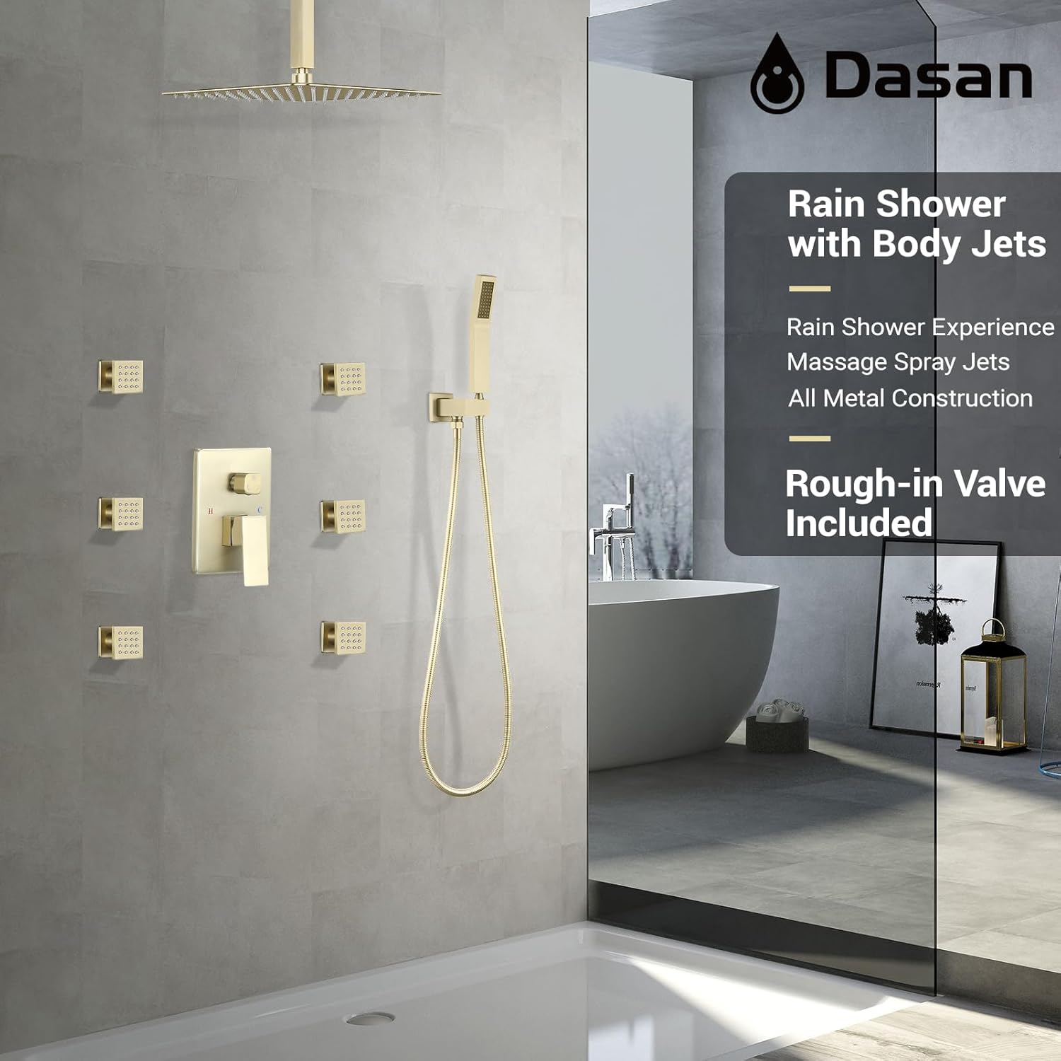 DASAN Full Body Shower System with 6 PCS Body Spray Jets & 12'' Rain Shower Head & Handheld, Ceiling Mount Rain Shower System Brushed Gold Shower Faucets Sets Complete with Valve, SA-SS03ABG-S12C
