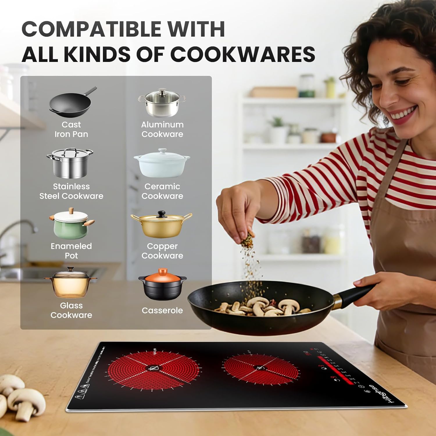 2 Burner Electric Cooktop 110-120V, 12 Inch Plug in Ceramic Cooktop Countertop & Built-in Electric Stove Top with Child Safety Lock, Timer, 9 Power Levels, 2000W - Image 6