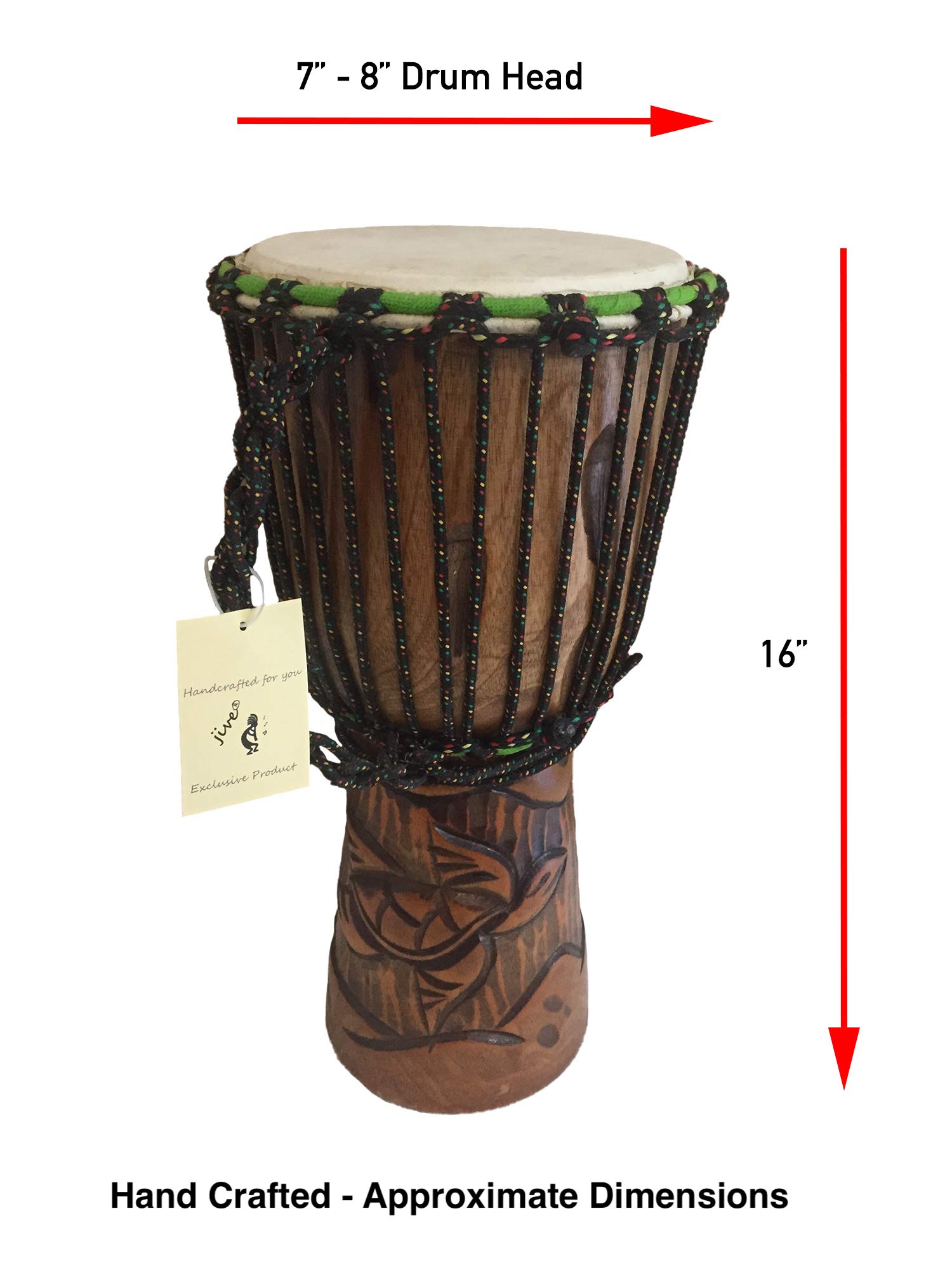 JIVE Djembe Drum African Bongo Congo Wood Drum Deep Carved Solid Mahogany Goat Skin Professional Quality 16" High (Turtle)