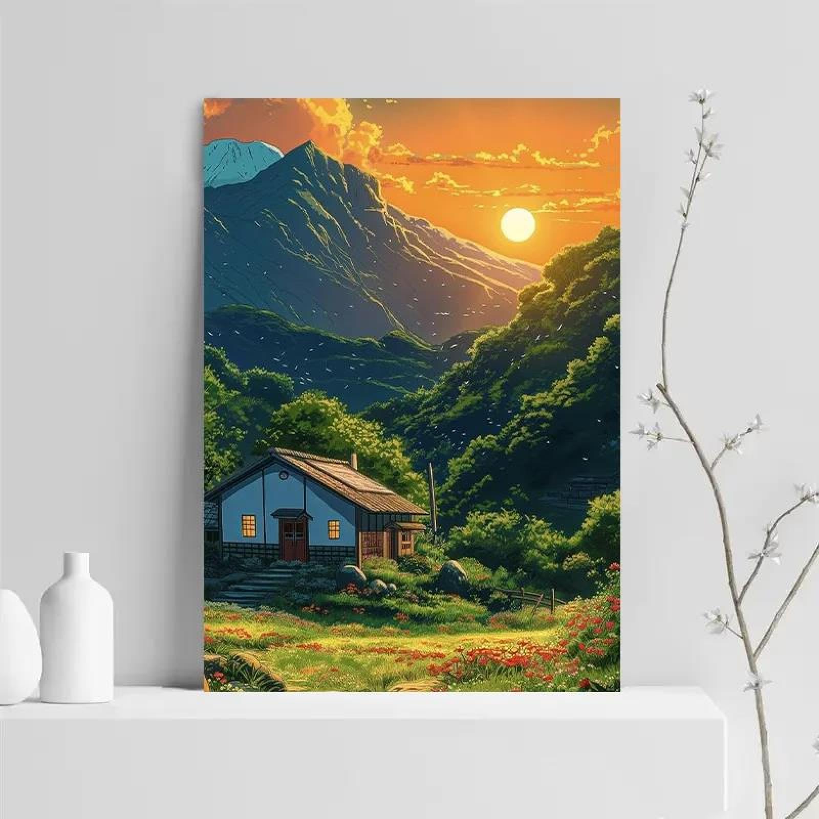 Mountain Cabin Sunset Canvas Wall Art Canvas Poster Print 40x50cm No Frame