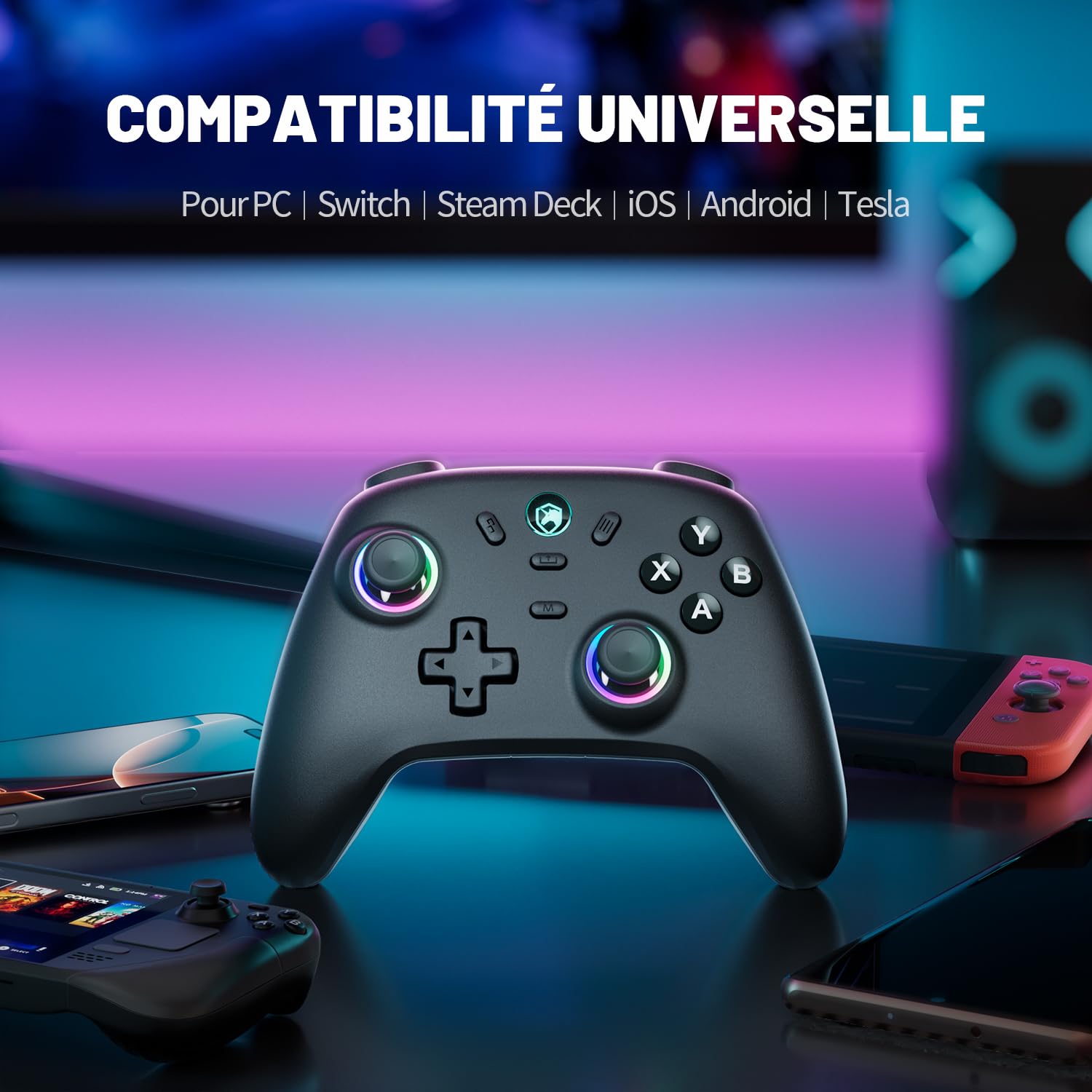 ECHTPower Manette PC, Gaming Manette Sans Fil avec Joystick à Effet Hall, 1000Hz, 3 Modes 2.4G/Bluetooth/Filaire, Turbo, Vibration, Lumières RGB, Batterie 800mAh, Compatible PC/Switch/Android/iOS