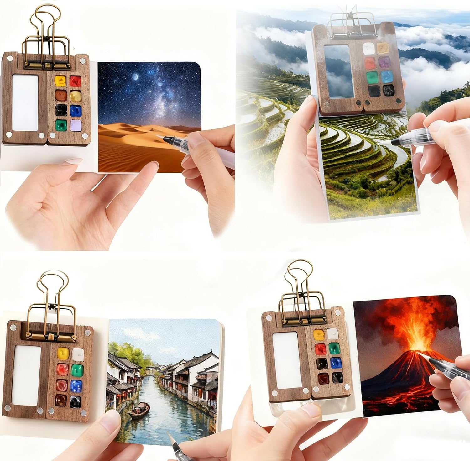 Mini Watercolor Paint Set, Portable Travel Watercolor Palette with 12 Colors, 3 Brushes, Picture Album & Binder Clips, 8-Grid Wooden Pocket Paint Box