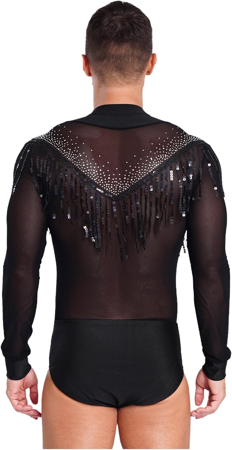 Men's Latin Dance Outfit Tassel Dancewear Deep V Neck Gymnastics Leotards with Bell Bottom Pants