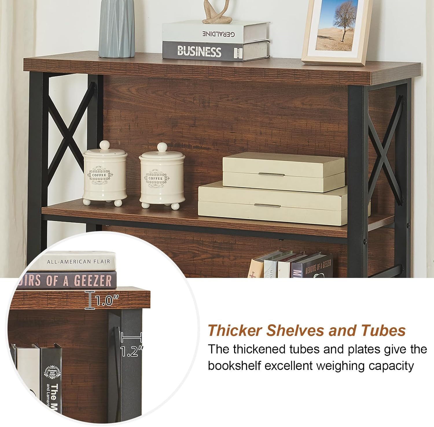 HOMBAZAAR 3-Tier Small Bookshelf, 35.4 Inch Short Book Shelf with Sturdy Metal Frame & Wood Shelves, Rustic Brown Industrial Bookcase for Living Room, Bedroom, Office