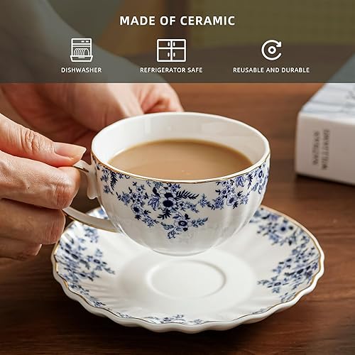 Miniatura 3 de Tazas y platillos de cerámica de 6 onzas, tazas de té florales para café, café con leche, café moca y té (pequeñas flores azules)