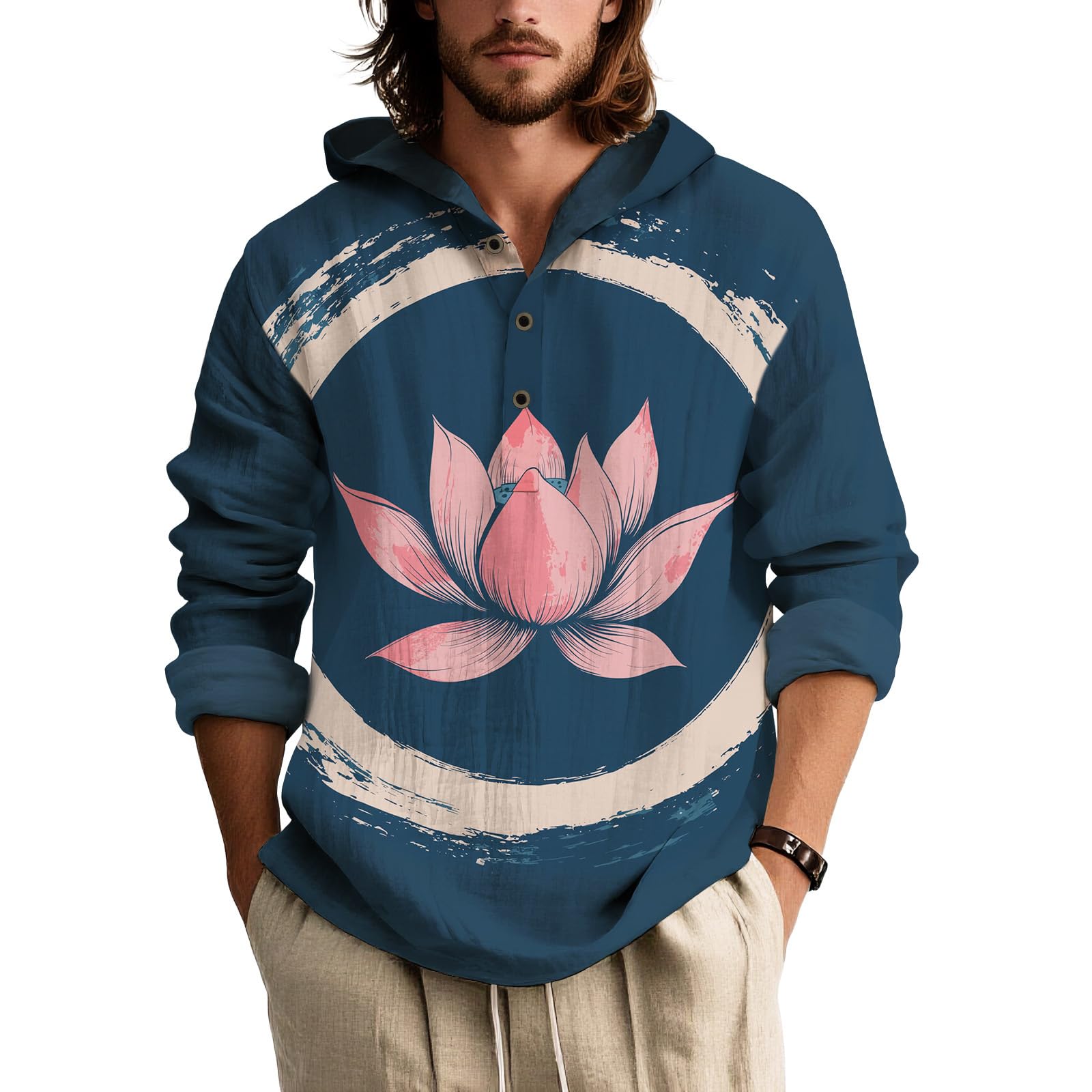 Mens Long Sleeve Button Down Shirt Japanese Art Print Relaxed Fit Casual Top Artistic Style Navy Black
