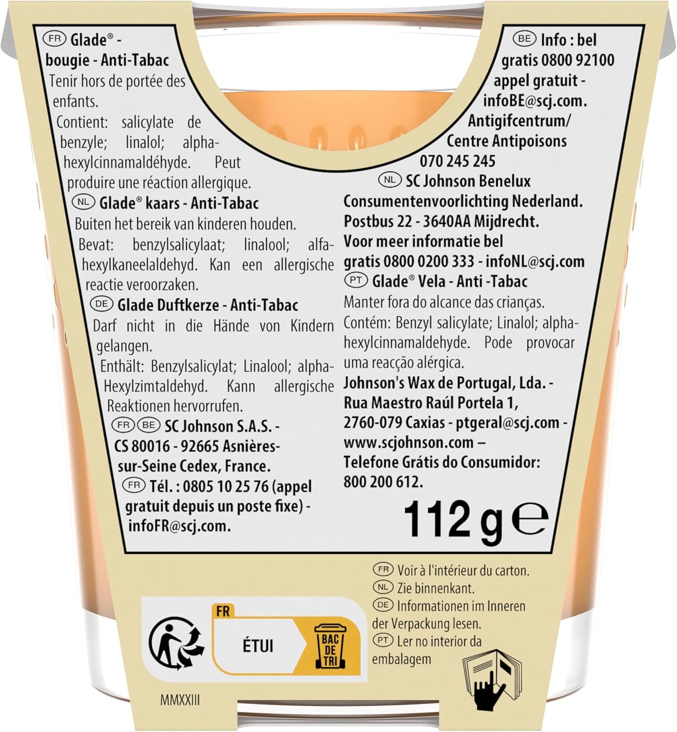 Glade Bougie Vegan Parfum Infusé Huiles Essentielles - Nouvelle Formule Sans Huile De Palme - Anti-Tabac - 6 Bougies