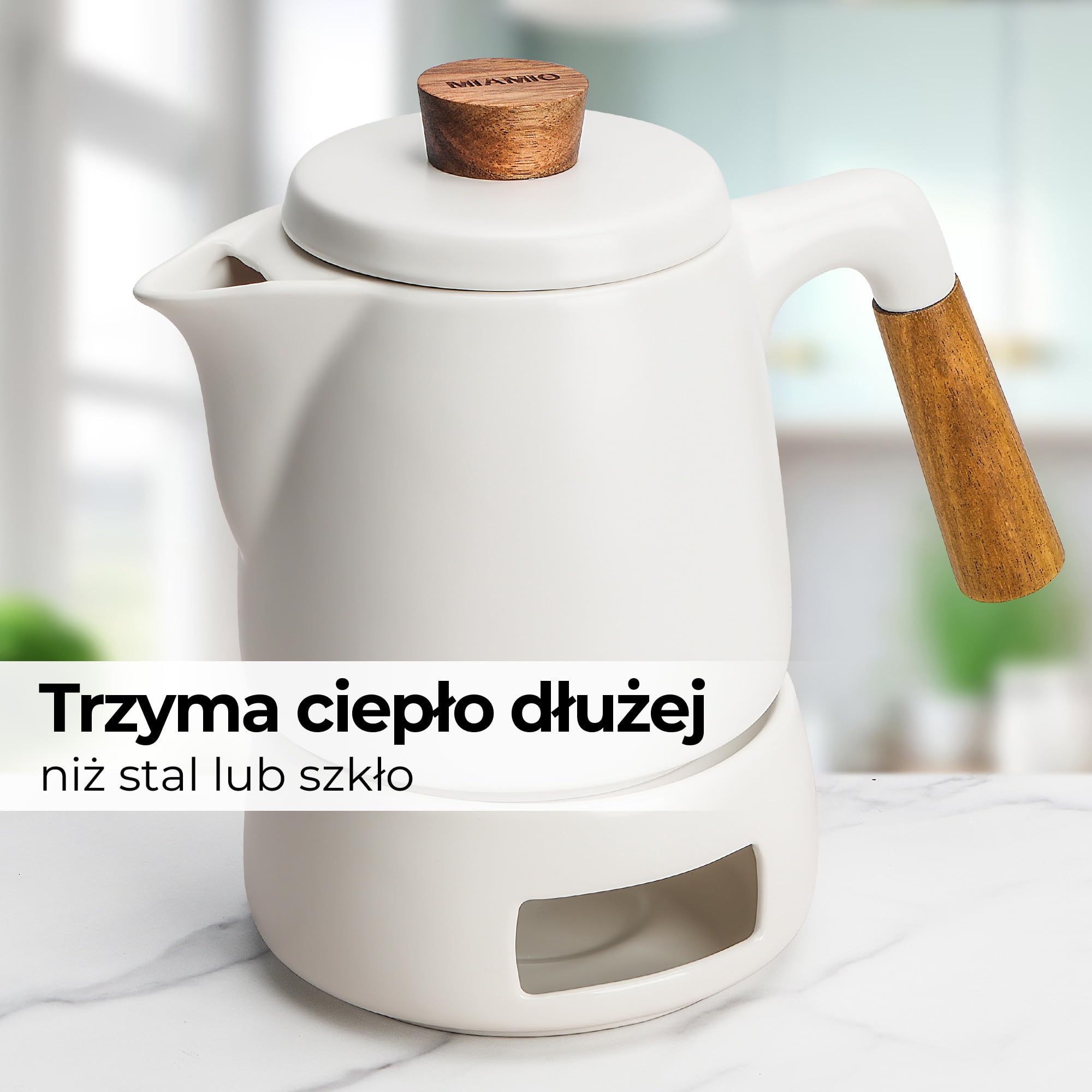 MIAMIO Zestaw Czajników z Podgrzewaczem 1L Czajnik do Herbaty 1000 ml z Zaparzaczem do Luźnych Liści Biały