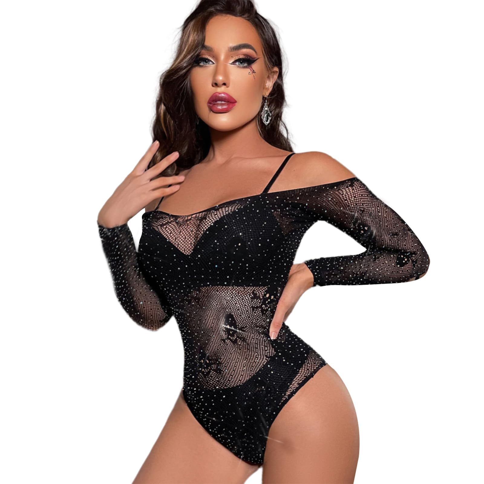 Zkydhbd Women's Black Tights Bodysuit With Glittering Rhinestones Skull Print Fishnets Lingerie Clubwear For Halloween Festivitie Festival Clothing