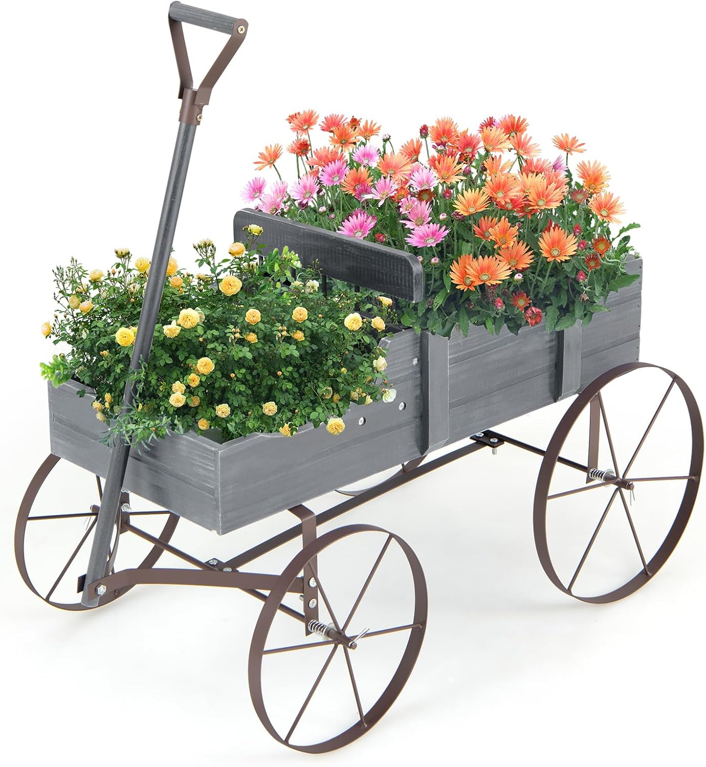 HOMASIS Carriola da Giardino in Legno, Carretto per Piante con Ruote Metalliche e 2 Scomparti, Vaso a Forma di Monociclo Decorativo per Giardino, Terrazza, Patio, 63x35x62,5cm (Grigio)