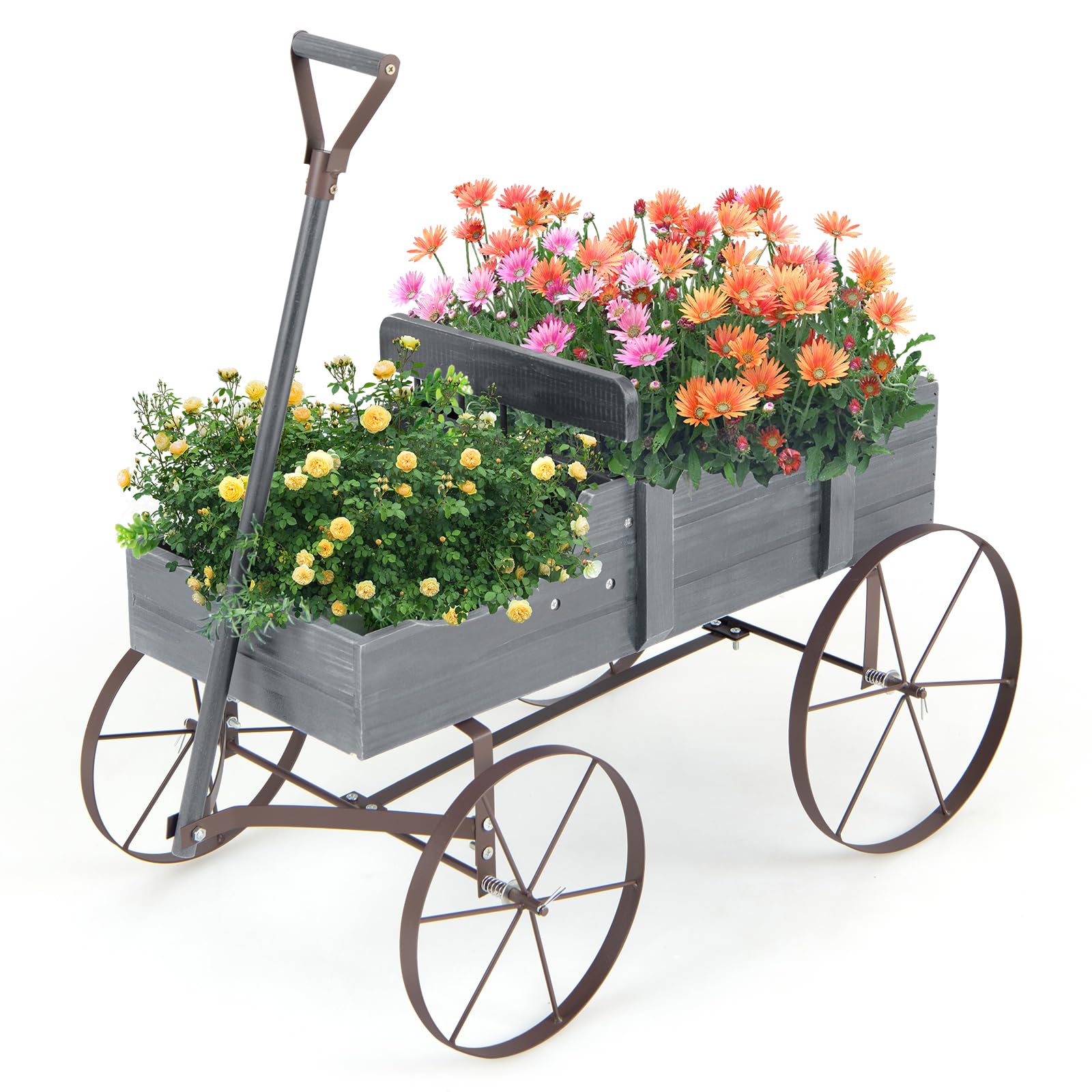 HOMASIS Brouette en Bois pour Plantes, Chariot de Jardin avec Roues en Métal et 2 Compartiments, Jardinière en Forme de Monocycle Décoratif pour Jardin, Terrasse, Patio, 63 x 35 x 62,5 cm (Gris)