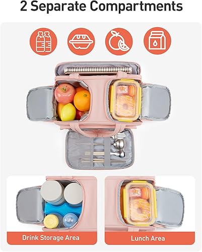 Miniatura 3 de TOURIT Lonchera para mujer, compartimento de doble cara con bolsa de hielo, diseño de múltiples bolsillos para el trabajo, al aire libre, rosa bebé