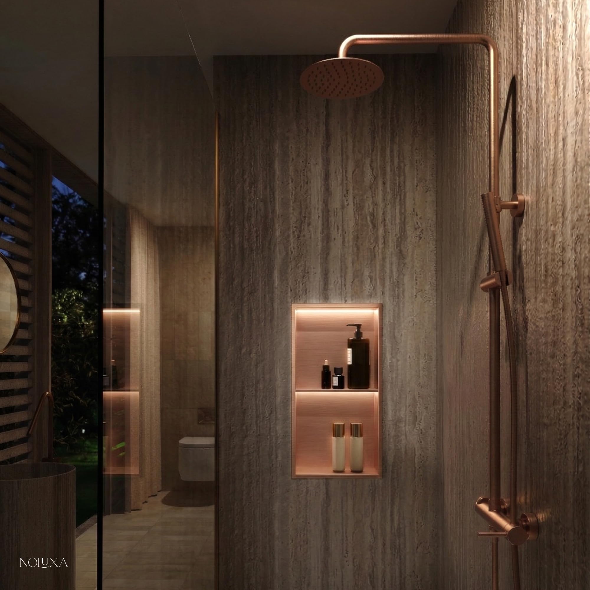 IMEX - Nicho de Ducha Empotrable con Luz LED 33x63cm Oro Rosa Cepillado | Hornacina Ducha con Dos Estantes de Acero Inoxidable S.304 | Hornacina Baño Empotrada a Pared de 10cm de Profundidad