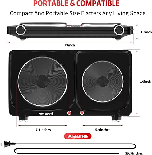 Miniatura 2 de Placa caliente para cocinar, estufa eléctrica portátil Vayepro de 1800 W, doble quemador eléctrico para cocinar, certificación UL, placa de cocina