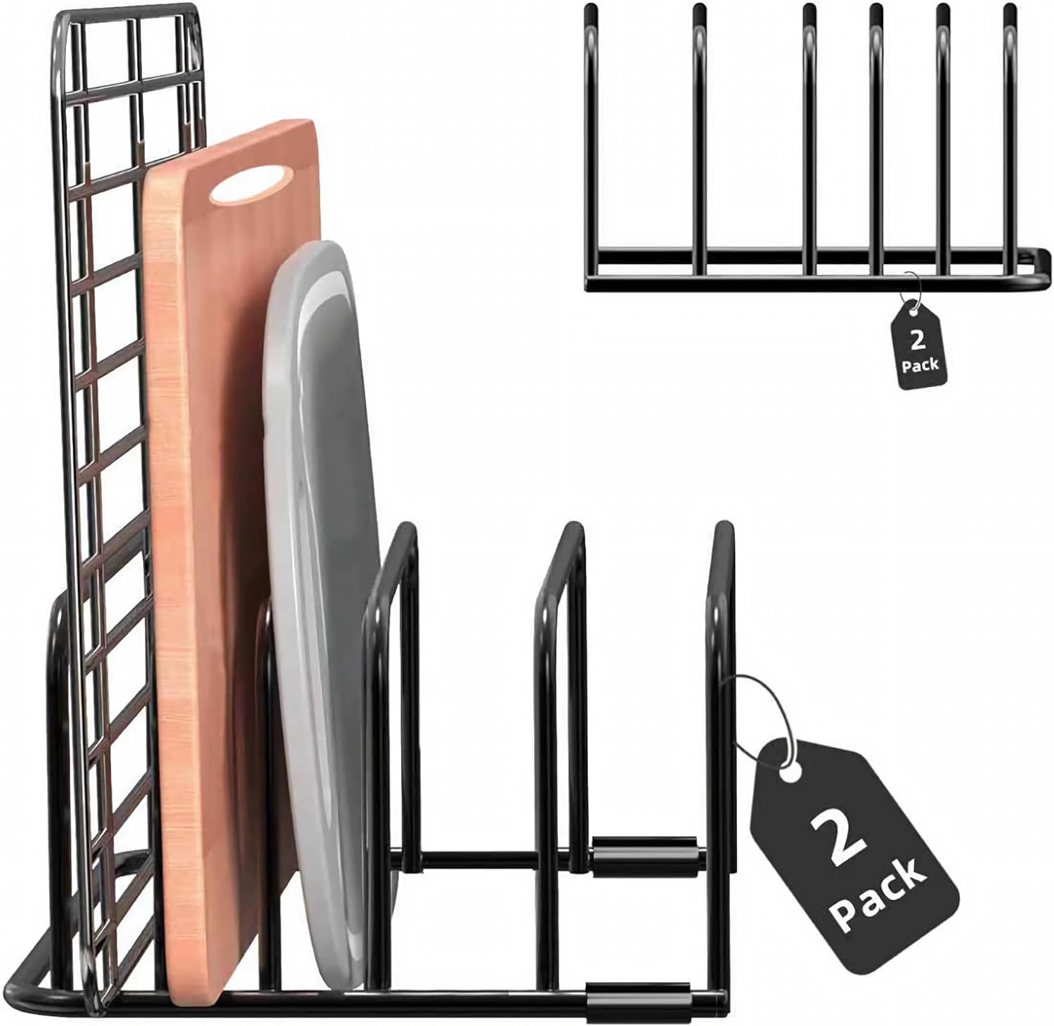 Kitchen 5-Slot Pan & Cutting Board Organizer Rack, Counter/Cabinet Storage Holder (BLACK)