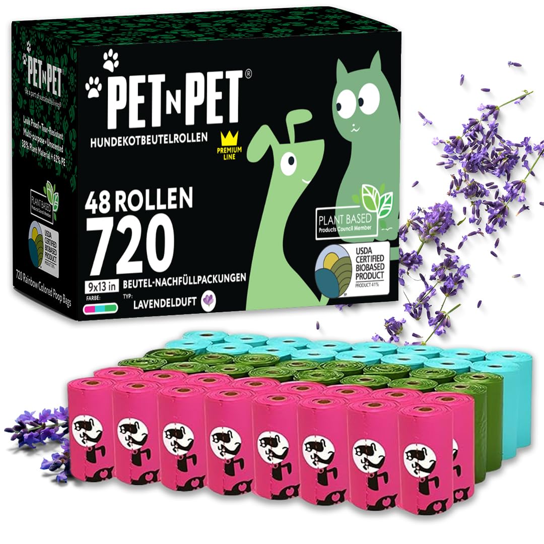 Pet N Pet Bunte Hundekotbeutel, 720 Stück, 48 Rollen, Lavendelduftend | 41% pflanzenbasiert & 59% PE, Extra dick & reißfest, kotbeutel für hunde & Katzenstreubeutel, Auf Rollen