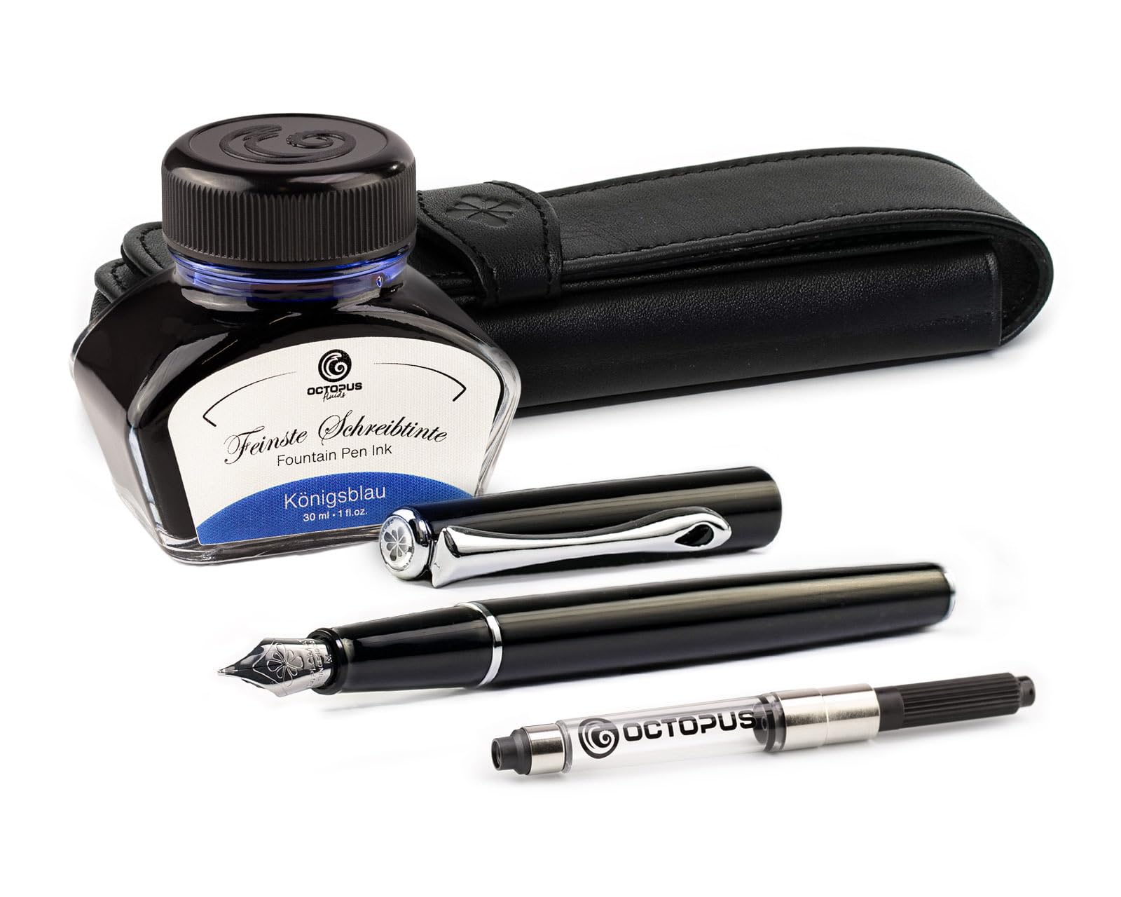 Diplomat Traveller Füllhalter-Set Lack Schwarz, Tinte und Lederetui | Mit Edelstahlfeder M, 30 ml Octopus Tinte Königsblau, Tintenkonverter und Stifteetui aus Leder