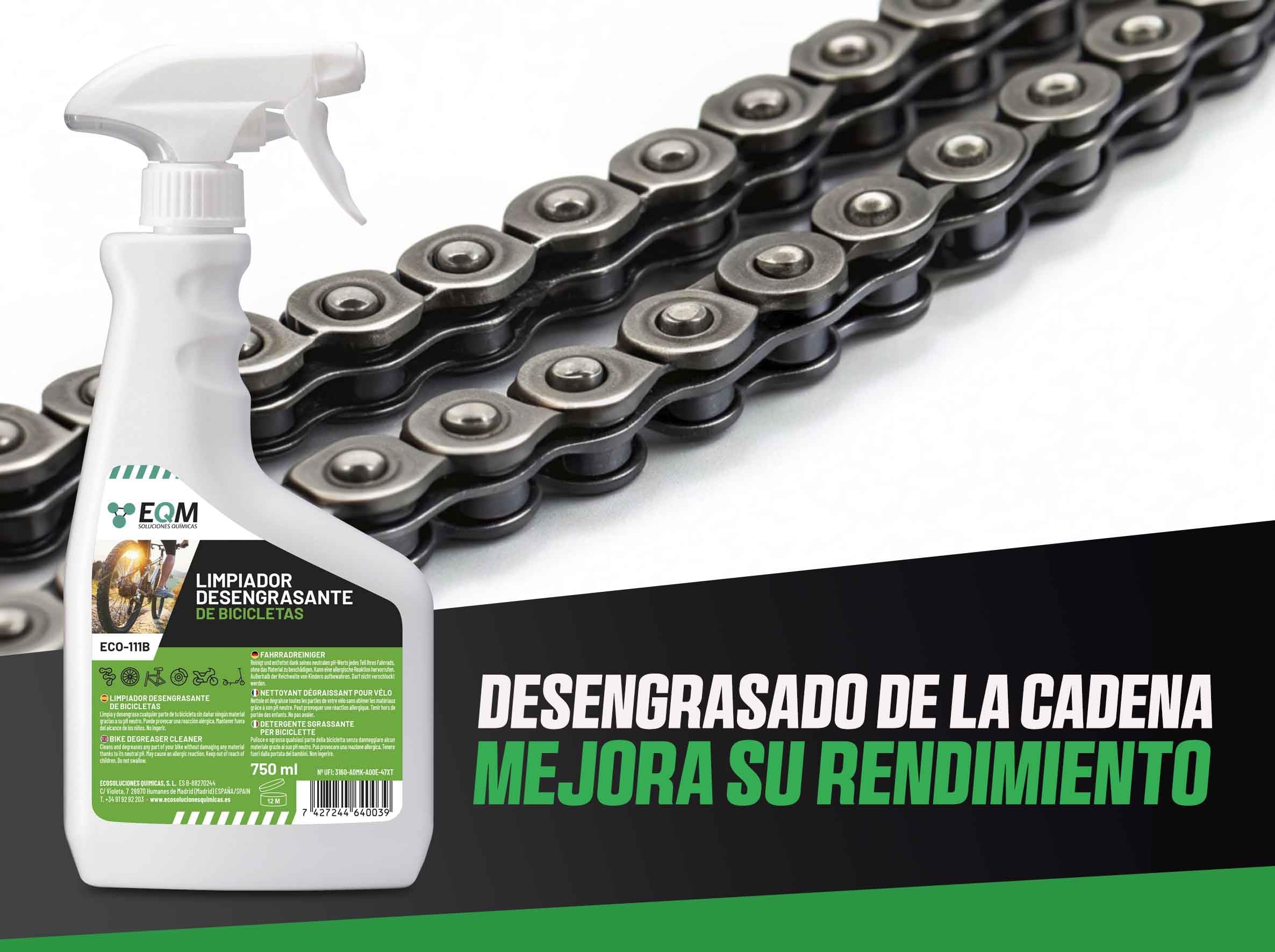 EQM - ECO-111B - Desengrasante Neutro para Bicicleta - 750 ML - Válido para Cualquier Material (Aluminio, Titanio, Acero, Anodizado, etc.) - Desengrasante de Cadenas