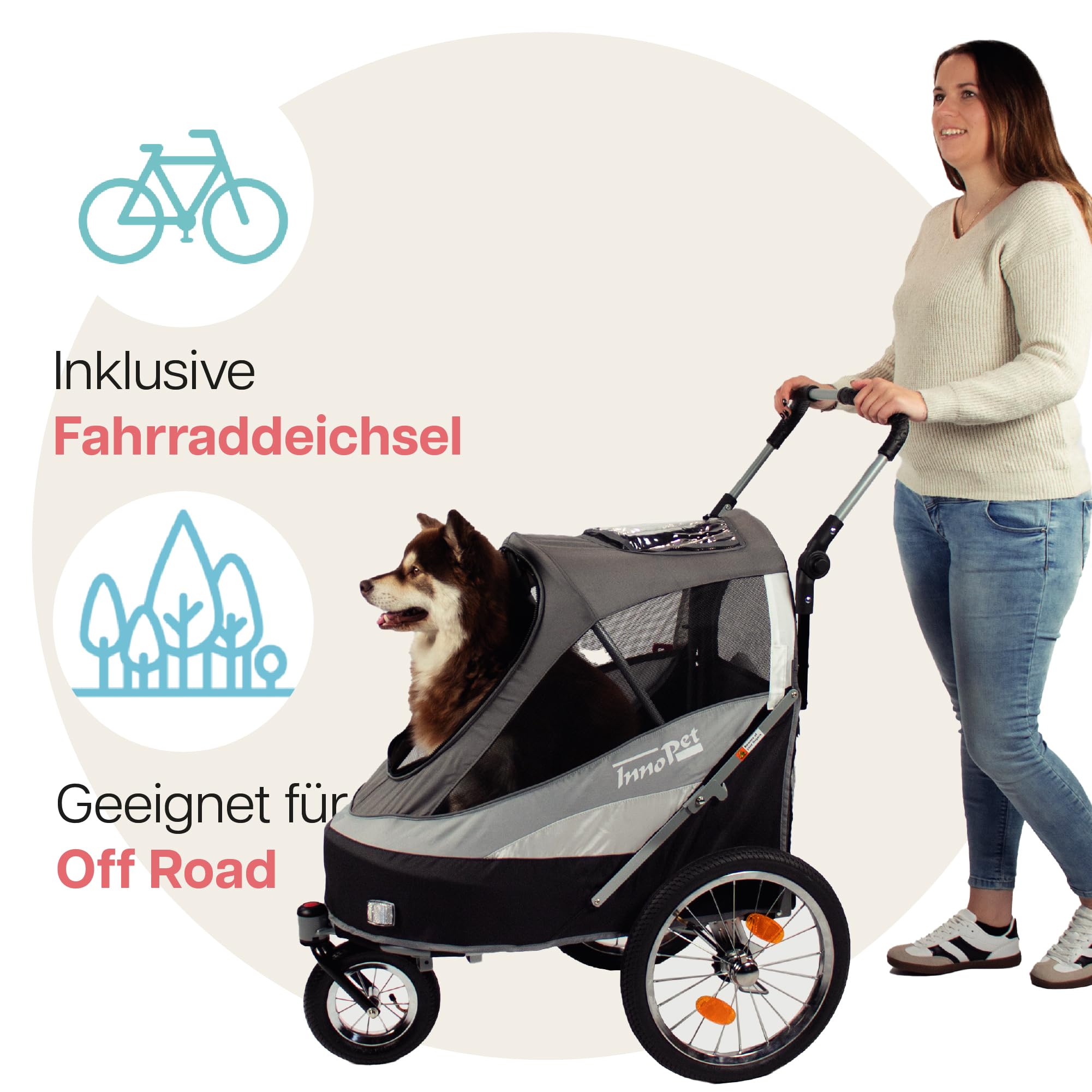 Hundeanhänger Fahrrad & Hundebuggy InnoPet Sporty Trailer Deluxe - 2 in 1 Fahrradanhänger für Hunde - Schwarz/Silber - mit Regenschutz, Deichsel & Fahrradkit, Faltbarer Hundewagen