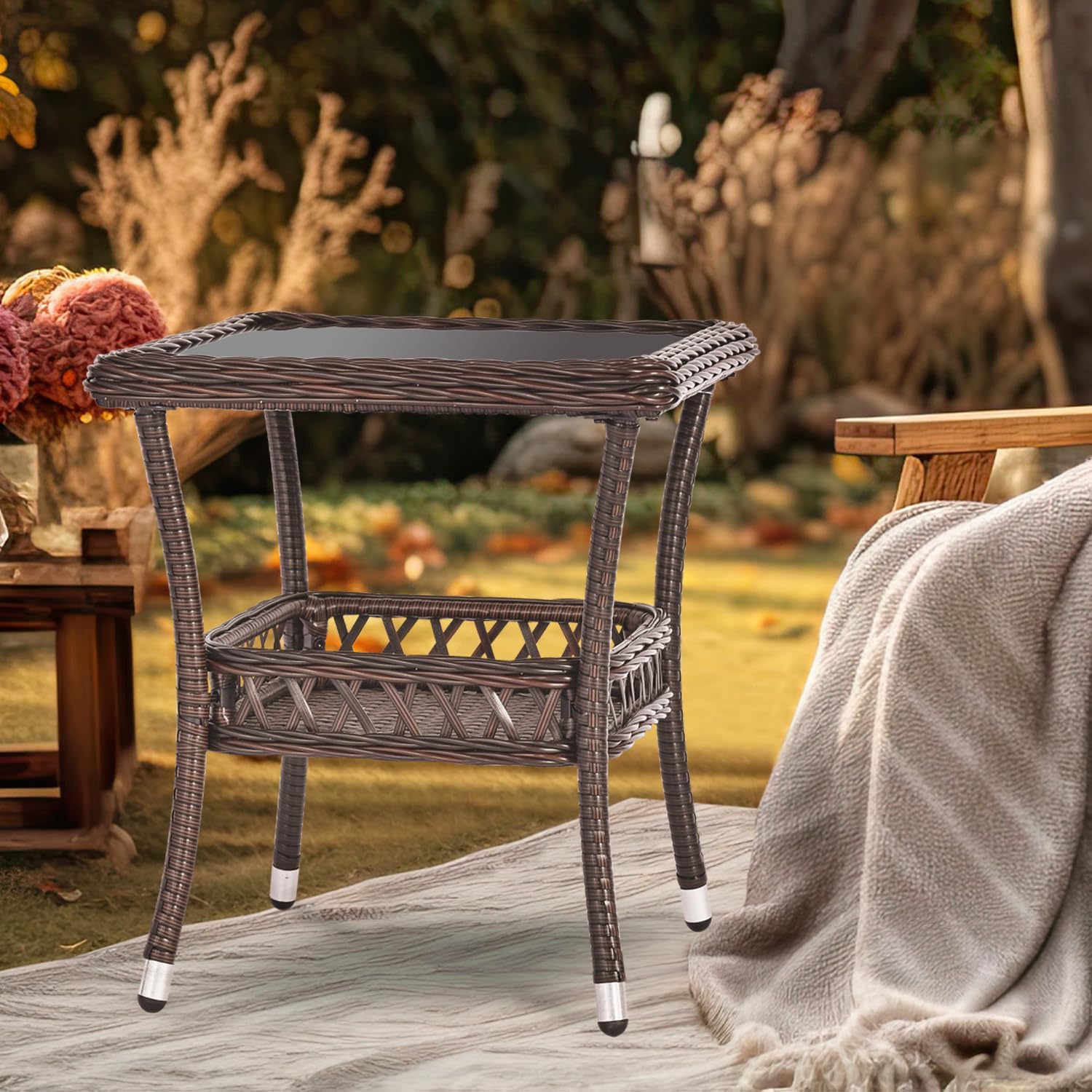 Outdoor Side Table Wicker Outdoor End Table for Patio Rattan Side Table for Outside Brown Patio Coffee Table with Storage & Glass Table Top Round for Backyard Porch