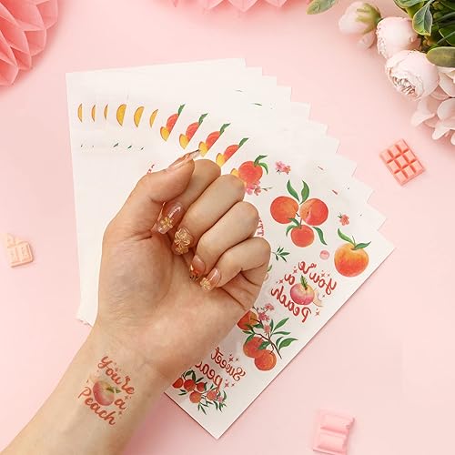 Miniatura 4 de Tatuajes temáticos de melocotón rosa, tatuajes temporales de frutas para niños para decoraciones de fiesta de verano, simplemente decoración de