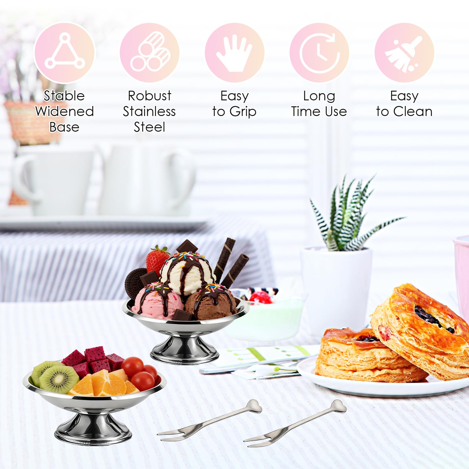 Tissting Ciotole per gelato con forchetta, coppe da dessert in acciaio inossidabile set da 4, ciotole da portata in metallo per budino, insalata e gelato, stoviglie da per uso domestico (10CM)
