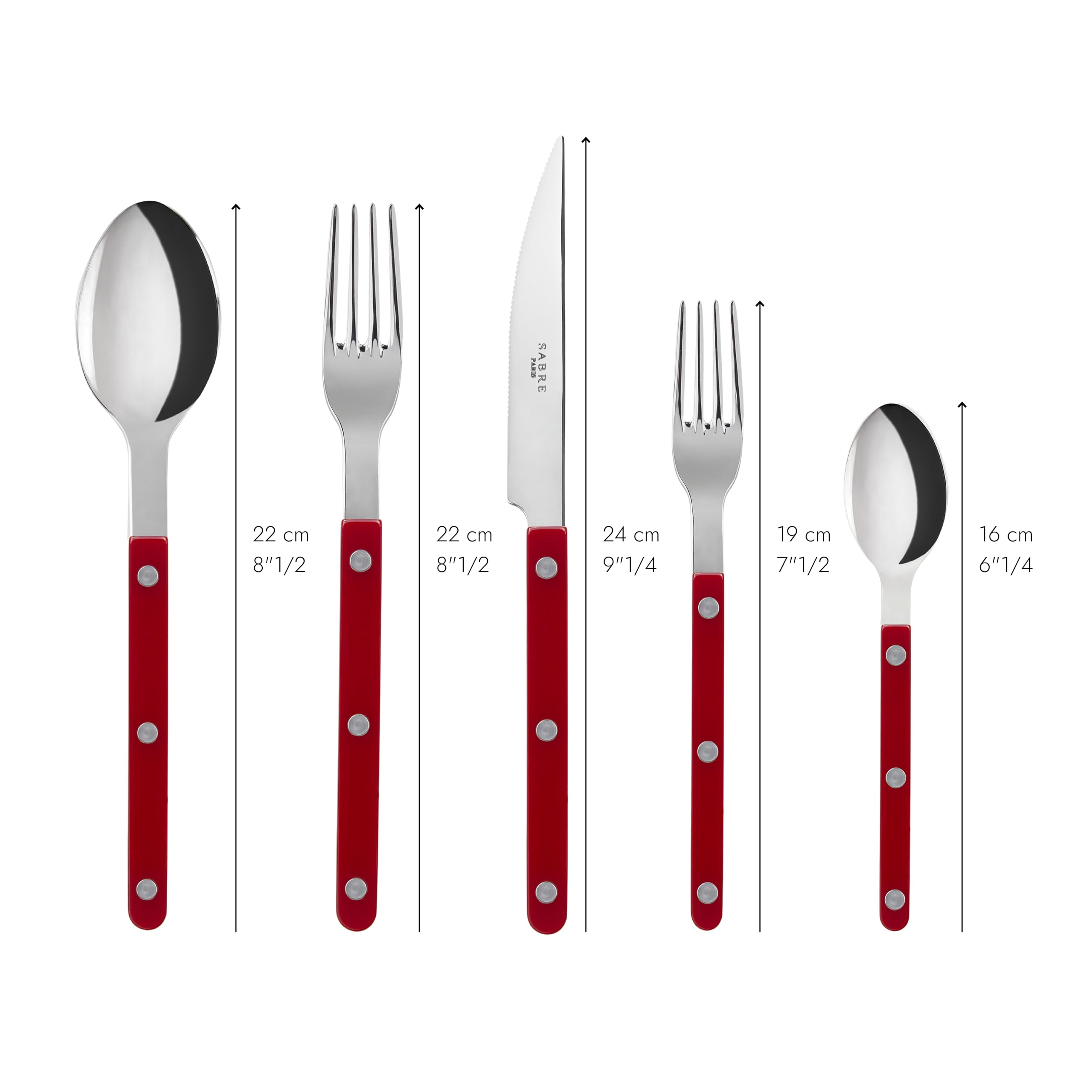 Sabre Paris | Juego de cubiertos de mesa 4 piezas 24cm Bistrot, color burdeos y acabado brillante. Incluye cuchillo, tenedor, cucharada y cuchara pequeña de acero inoxidable.