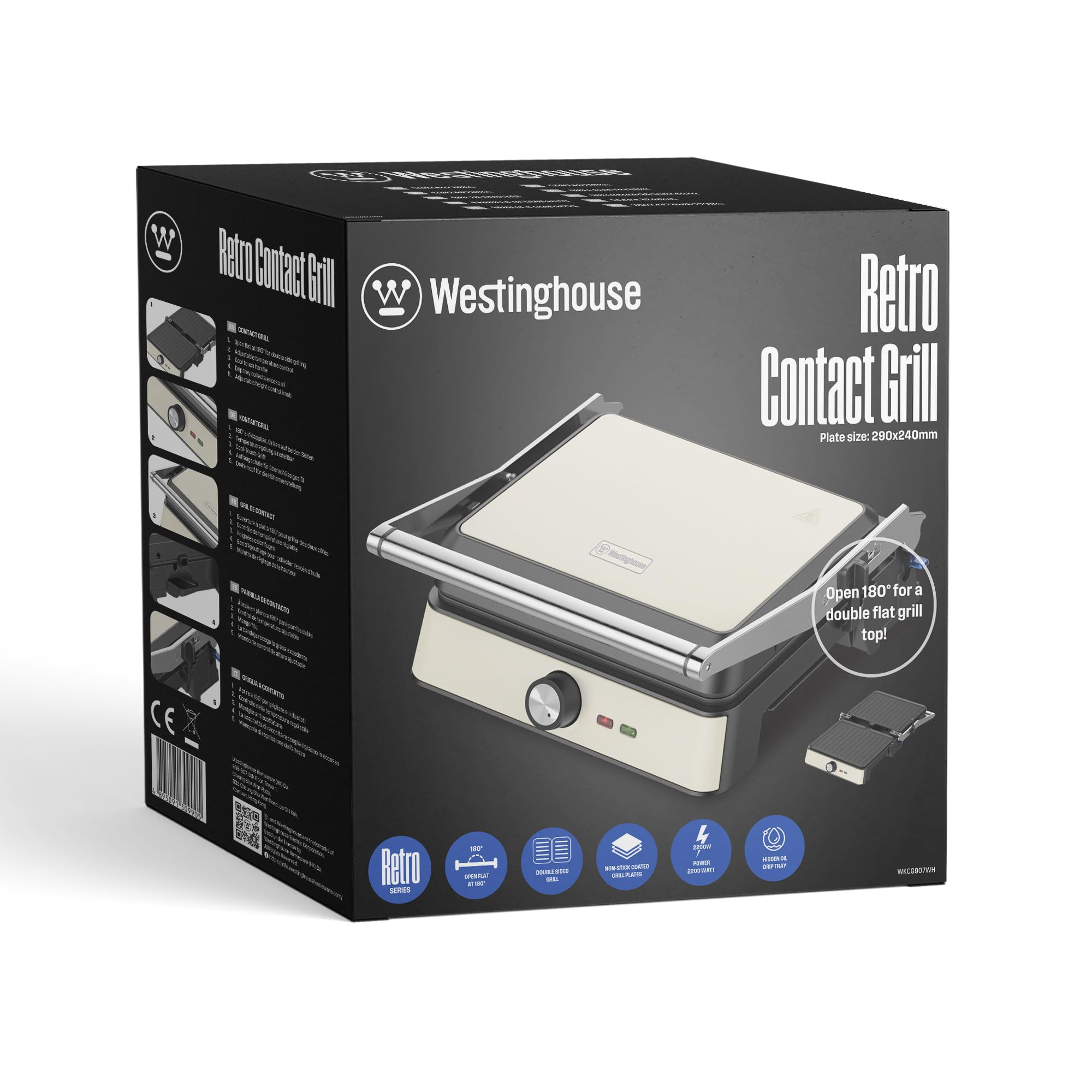 Westinghouse Parrilla Retro Contact Grill - 29 x 24 cm - 180° para asar a doble cara - 2200W - Tostadora - Control de temperatura ajustable - Parrilla Panini - Hierro Tostado - Blanco