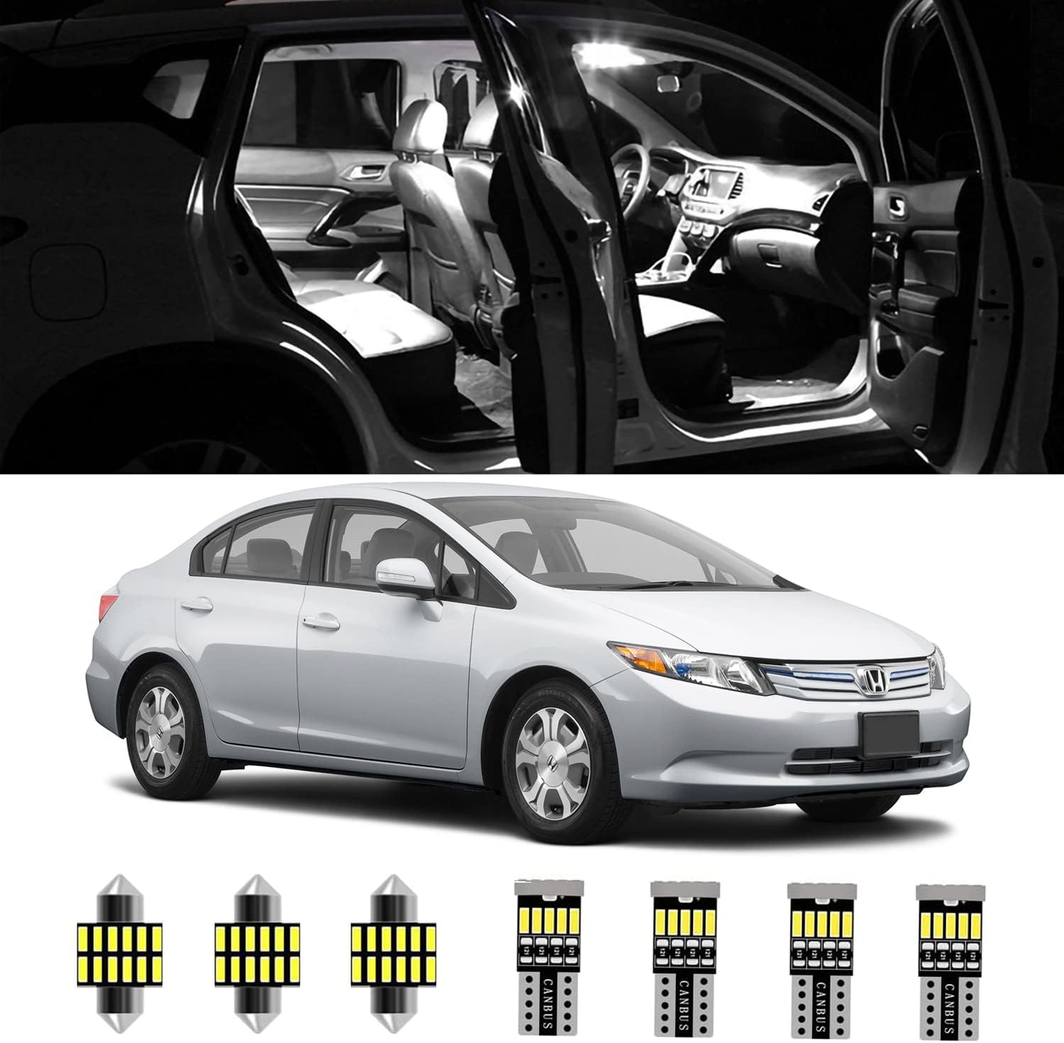 7pcs White Interior LED Lights Kit for 2006-2015 Honda Civic Sedan Coupe Hatchback Super Bright LED Map Dome Cargo Replacement Light Bulbs