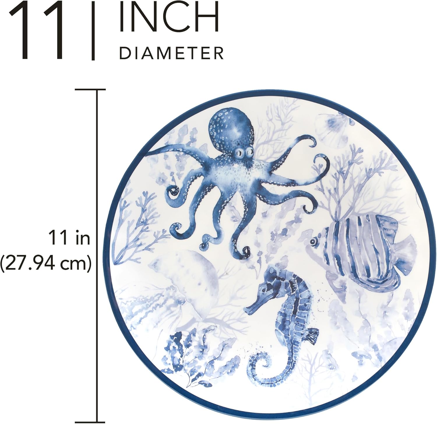 Sea Life Melamine Dinner Plates Set of 6 – 11" Reusable Coastal Ocean-Themed Plates Featuring Octopus & Seahorse Art, Nautical Beach House Dinnerware, Dishwasher Safe, Break-Resistant